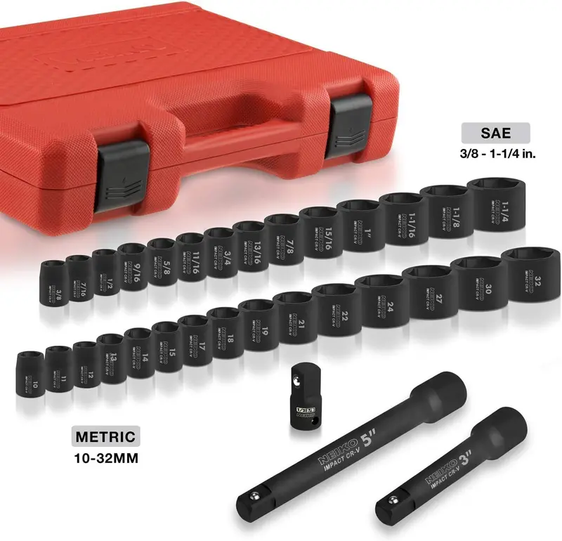 02448A 1/2" Drive Impact Socket Set – 65-Piece Dual-Metric/SAE Kit with Deep/Shallow Sockets, Adapters & Ratchet Handle