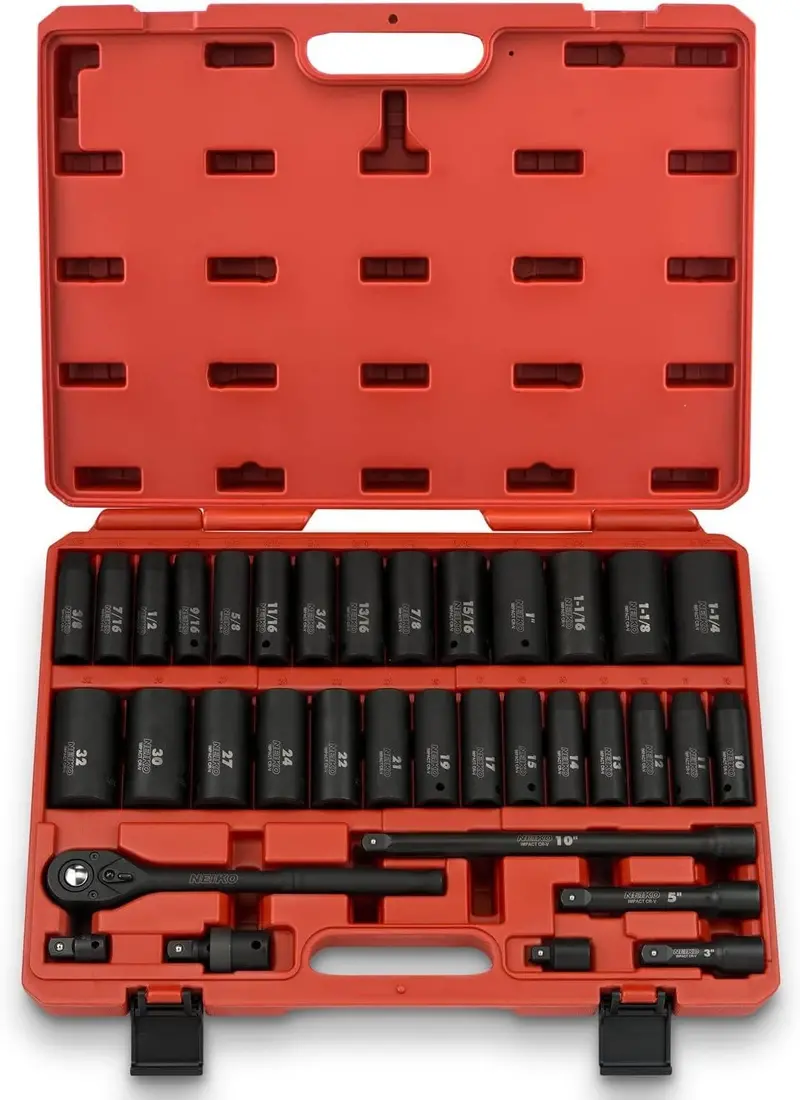 02448A 65-Piece 1/2" Drive Impact Socket Set – SAE & Metric Deep/Shallow Sizes, Ratchet + Adapters