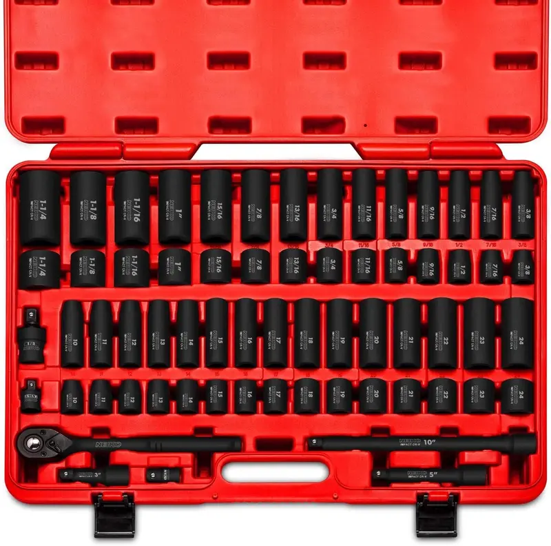 02448A 65-Piece 1/2" Drive Impact Socket Set – SAE & Metric Deep/Shallow Sizes, Ratchet + Adapters 2