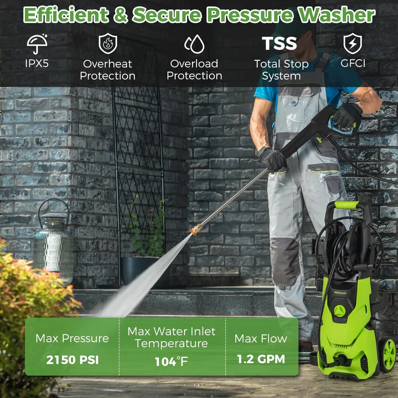 1.2 GPM Electric Pressure Washer – 2150 PSI Output with 4 Quick-Connect Spray Nozzles