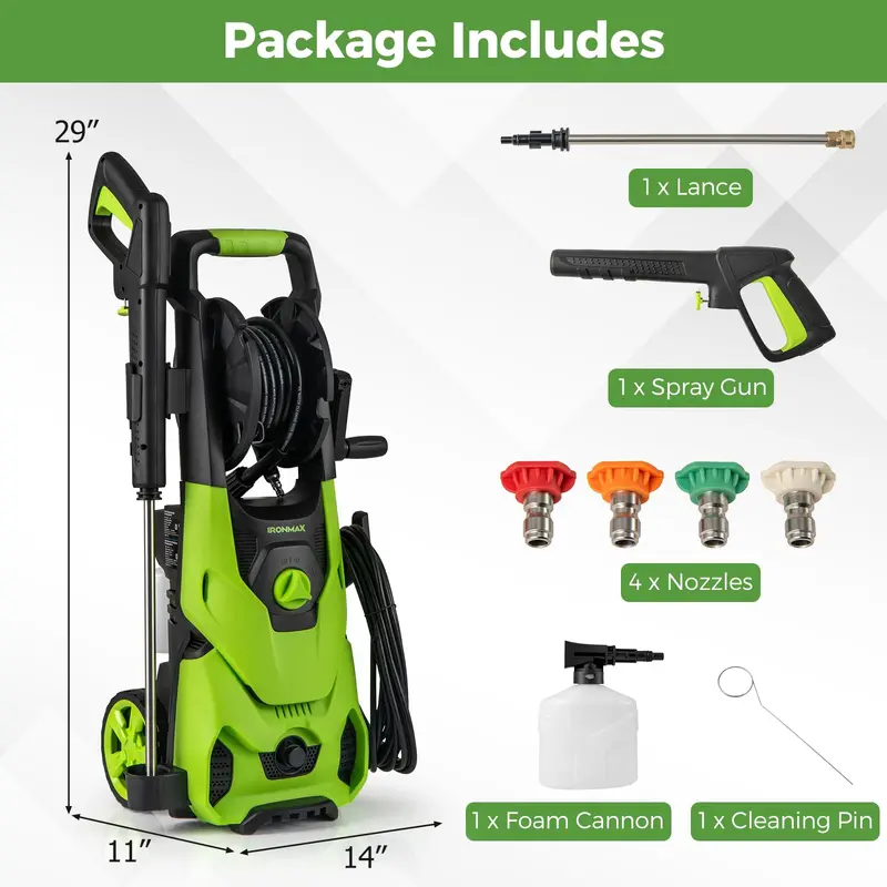 1.2 GPM Electric Pressure Washer – 2150 PSI Output with 4 Quick-Connect Spray Nozzles