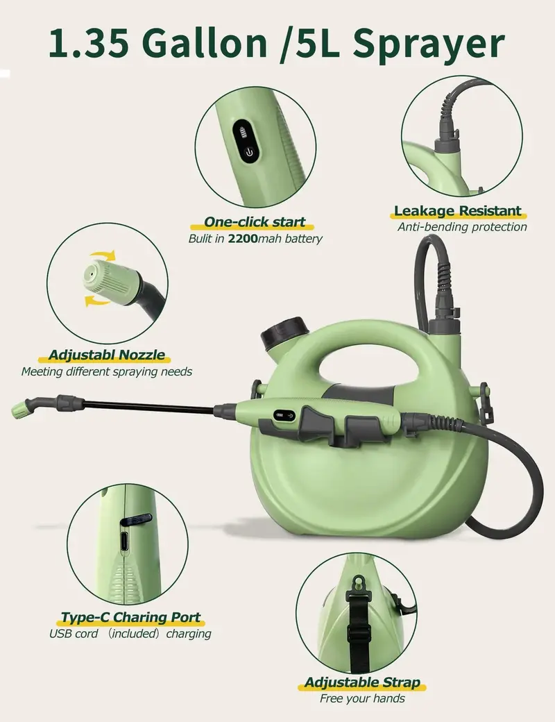 1.35-Gallon USB-Rechargeable Electric Sprayer – Telescopic Wand and Precision-Adjustable Nozzle for Targeted Application