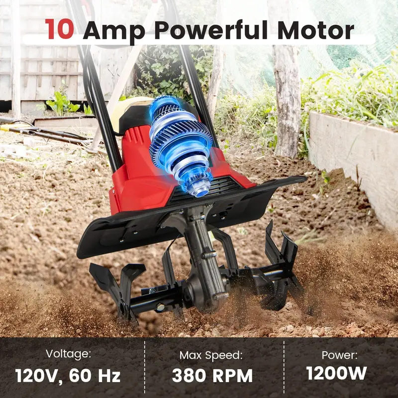 10-Amp Corded Electric Tiller – Foldable Garden Cultivator for Efficient Soil Prep