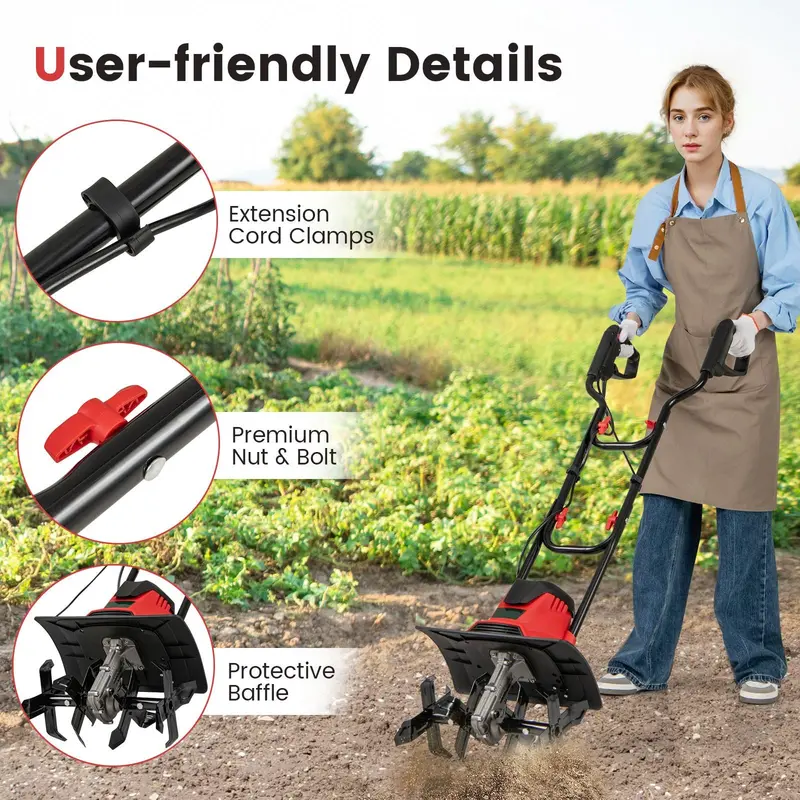 10-Amp Corded Electric Tiller – Foldable Garden Cultivator for Efficient Soil Prep