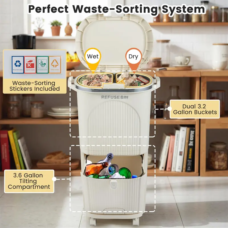 10-Gallon Dual-Bucket Kitchen Trash Bin – Lid-Covered Waste Container with Removable Liners 2