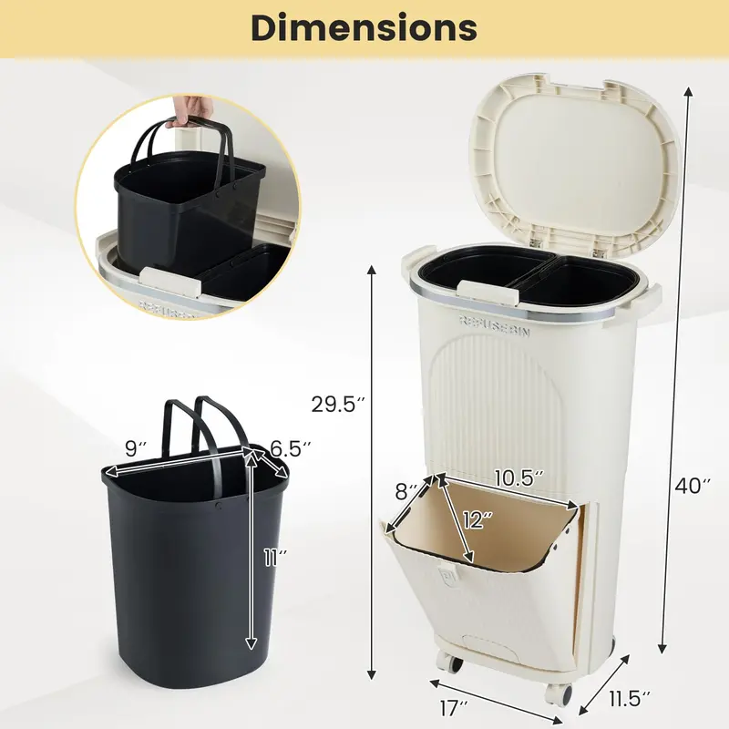 10-Gallon Dual-Bucket Kitchen Trash Bin – Lid-Covered Waste Container with Removable Liners