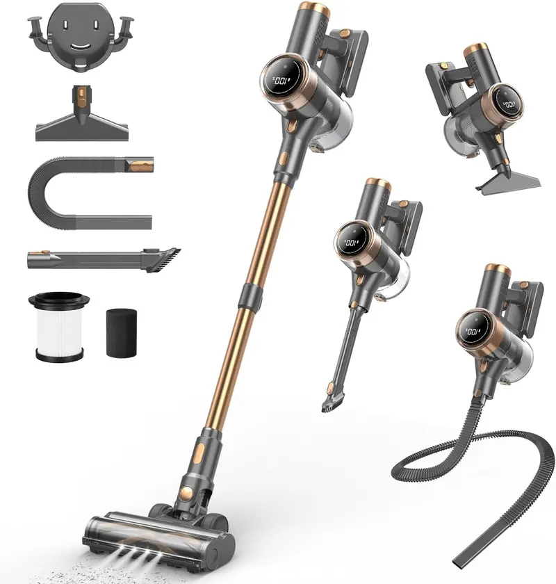 10-in-1 Gold Cordless Stick Vacuum – LED Touchscreen, 45-Min Runtime & Lightweight Design for Hard Floors, Carpets & Pet Hair
