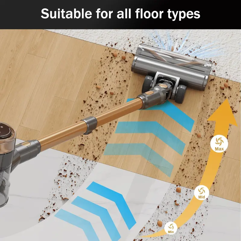 10-in-1 Gold Cordless Stick Vacuum – LED Touchscreen, 45-Min Runtime & Lightweight Design for Hard Floors, Carpets & Pet Hair