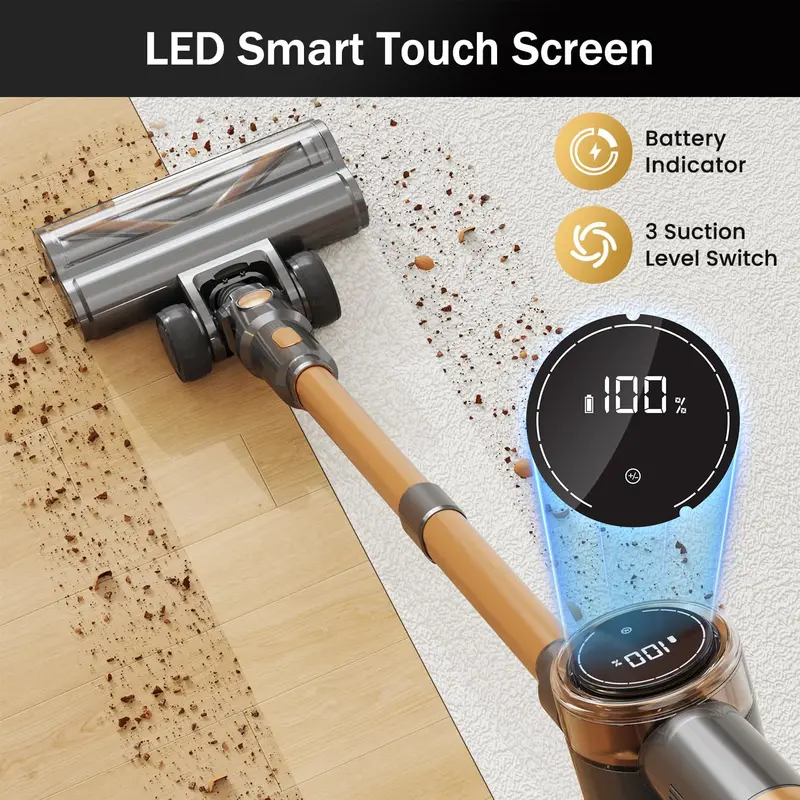 10-in-1 Gold Cordless Stick Vacuum – LED Touchscreen, 45-Min Runtime & Lightweight Design for Hard Floors, Carpets & Pet Hair