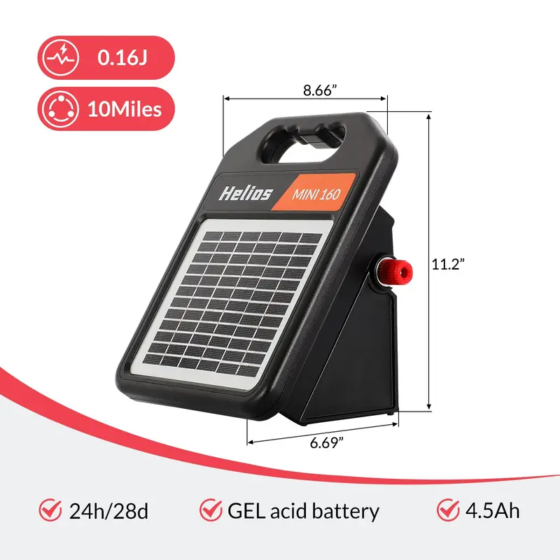 10-Mile Solar-Powered Electric Fence Charger – 0.16 Joule Energizer with Day/Night Auto Mode