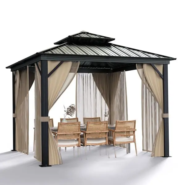 10' x 10' All-Weather Hardtop Gazebo – Dual Metal Roof, Aluminum Structure, Netting & Curtains, Khaki Patio Shelter