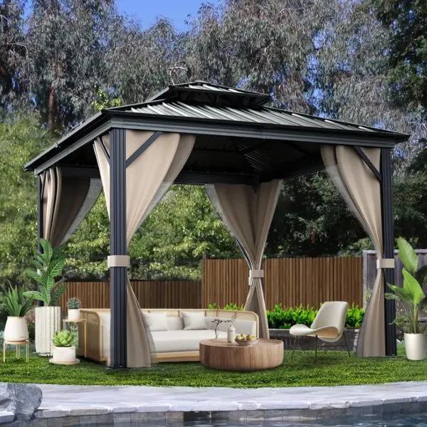 10' x 10' All-Weather Hardtop Gazebo – Dual Metal Roof, Aluminum Structure, Netting & Curtains, Khaki Patio Shelter 2