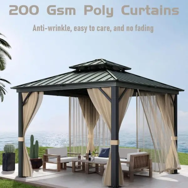 10' x 10' All-Weather Hardtop Gazebo – Dual Metal Roof, Aluminum Structure, Netting & Curtains, Khaki Patio Shelter