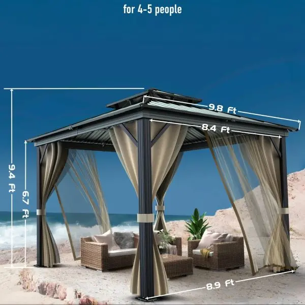 10' x 10' All-Weather Hardtop Gazebo – Dual Metal Roof, Aluminum Structure, Netting & Curtains, Khaki Patio Shelter