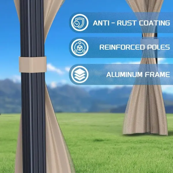 10' x 10' All-Weather Hardtop Gazebo – Dual Metal Roof, Aluminum Structure, Netting & Curtains, Khaki Patio Shelter