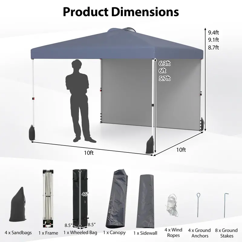 10 x 10 Foot Portable Canopy Tent – Includes One Sidewall & Wheeled Storage Bag