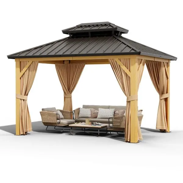 10' x 13' Galvanized Steel Hardtop Gazebo – Double Roof, Aluminum Frame, Mosquito Netting & Sunshade Curtains, Khaki