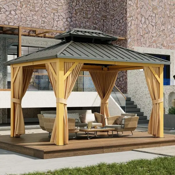 10' x 13' Galvanized Steel Hardtop Gazebo – Double Roof, Aluminum Frame, Mosquito Netting & Sunshade Curtains, Khaki 2
