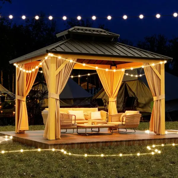 10' x 13' Galvanized Steel Hardtop Gazebo – Double Roof, Aluminum Frame, Mosquito Netting & Sunshade Curtains, Khaki