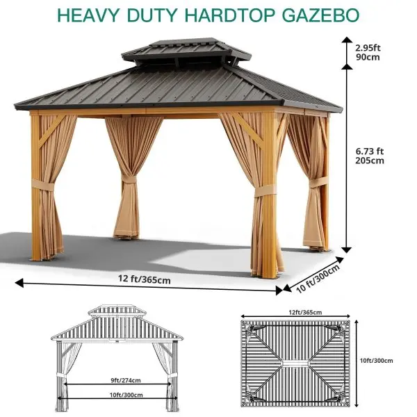 10' x 13' Galvanized Steel Hardtop Gazebo – Double Roof, Aluminum Frame, Mosquito Netting & Sunshade Curtains, Khaki