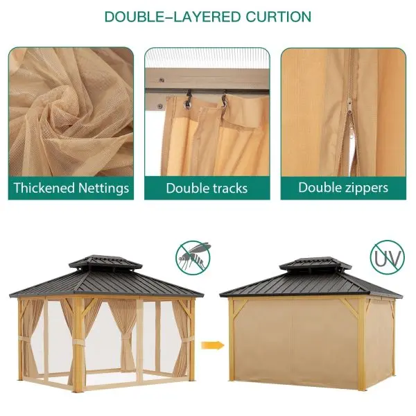 10' x 13' Galvanized Steel Hardtop Gazebo – Double Roof, Aluminum Frame, Mosquito Netting & Sunshade Curtains, Khaki