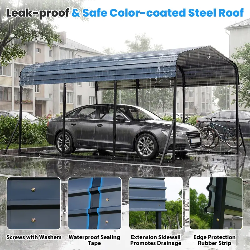 10' x 14.5' Heavy-Duty Galvanized Steel Carport Shelter for Outdoor Vehicle Protection