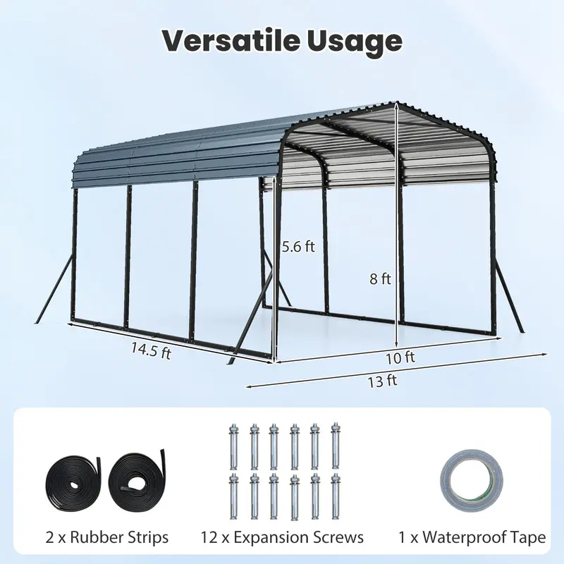 10' x 14.5' Heavy-Duty Galvanized Steel Carport Shelter for Outdoor Vehicle Protection