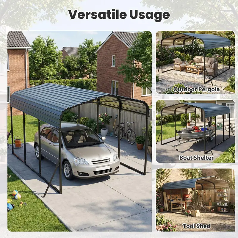 10' x 14.5' Heavy-Duty Galvanized Steel Carport Shelter for Outdoor Vehicle Protection