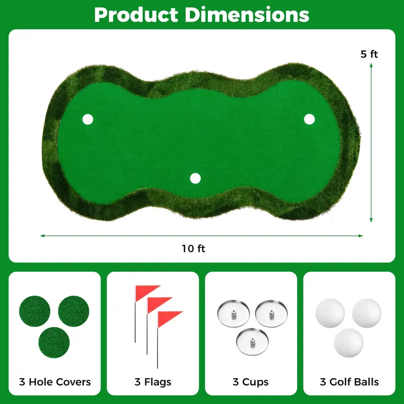 10' x 5' Backyard Golf Putting Green with 3 Holes & Flag Markers