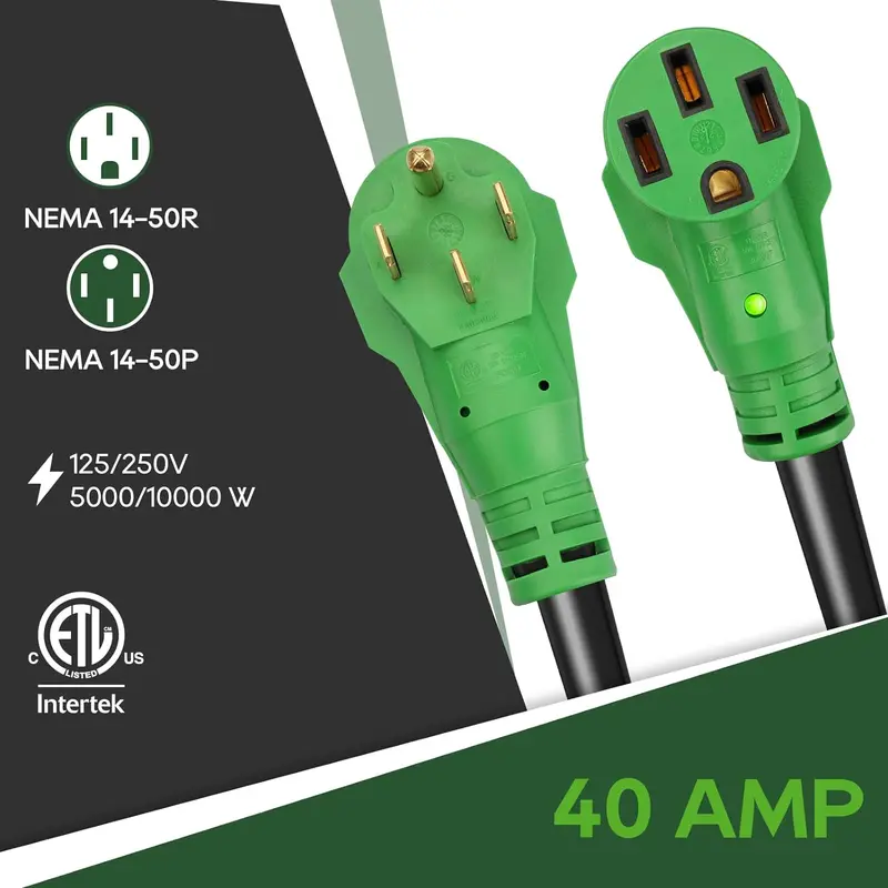 100-Foot 40A NEMA 14-50 RV/EV Extension Cord – Heavy-Duty with LED Power Indicator & Built-in Cord Organizer (Green)