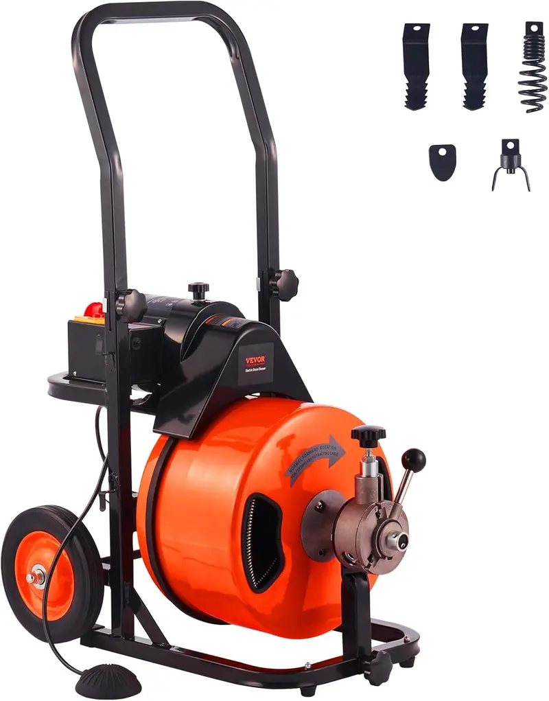 100-Foot Auto-Feed Drain Snake – 1/2" Auger with 4 Cutters & Foot Switch