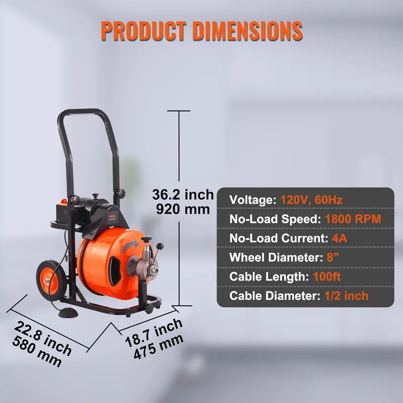 100-Foot Auto-Feed Drain Snake – 1/2" Auger with 4 Cutters & Foot Switch