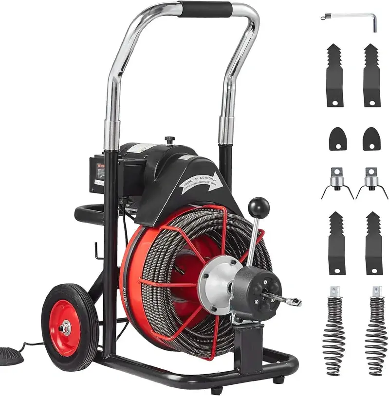 100-Foot Auto-Feed Drain Snake Machine — 550W Portable Sewer Auger with Wheels, 8 Cutters & Foot Switch