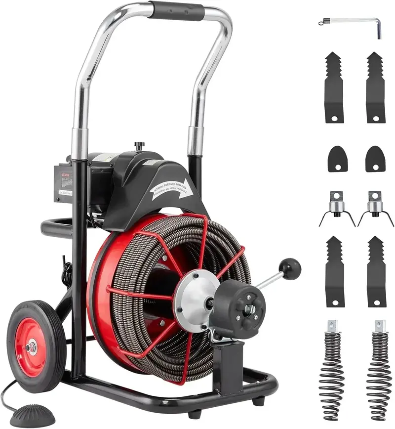 100-Foot Auto-Feed Drain Snake Machine — 550W Portable Sewer Auger with Wheels, 8 Cutters & Foot Switch 1