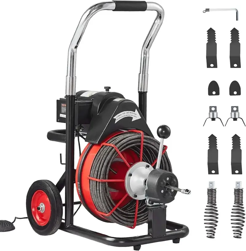 100-Foot Auto-Feed Drain Snake Machine — 550W Portable Sewer Auger with Wheels, 8 Cutters & Foot Switch