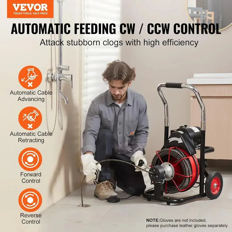 100-Foot Auto-Feed Drain Snake Machine — 550W Portable Sewer Auger with Wheels, 8 Cutters & Foot Switch