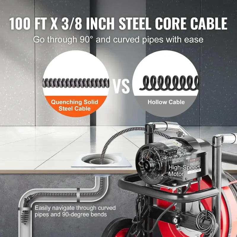 100-Foot Auto-Feed Drain Snake Machine — 550W Portable Sewer Auger with Wheels, 8 Cutters & Foot Switch