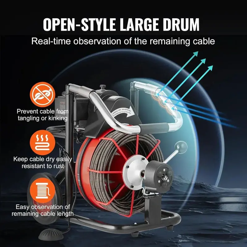 100-Foot Auto-Feed Drain Snake Machine — 550W Portable Sewer Auger with Wheels, 8 Cutters & Foot Switch