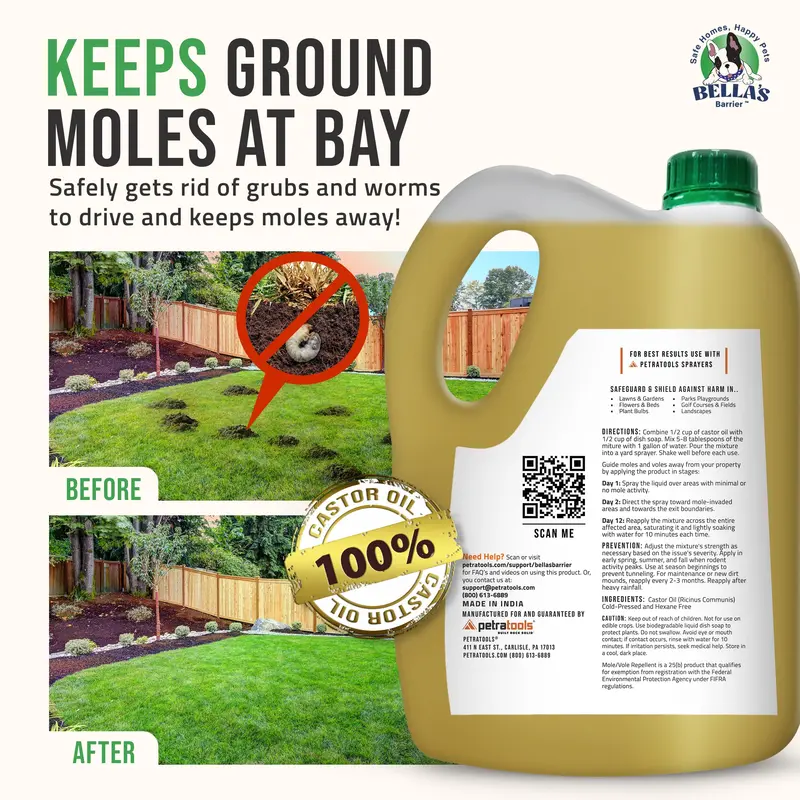 100% Pure Food-Grade Castor Oil – Natural, Pet-Safe Mole & Vole Repellent (1 Gallon)