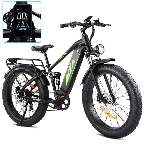 1000W Full-Suspension Fat-Tire Electric Mountain Bike — 48V 17.5Ah Battery, 28 MPH, 60-Mile Range, UL-Certified