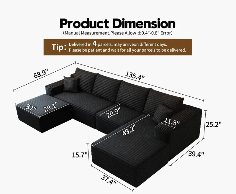 107.5-Inch Modular L-Shaped Cloud Sectional Sofa – Modern Deep-Seating Corner Lounge