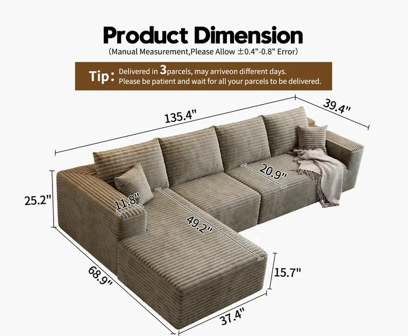 107.5-Inch Modular L-Shaped Cloud Sectional Sofa – Modern Deep-Seating Corner Lounge