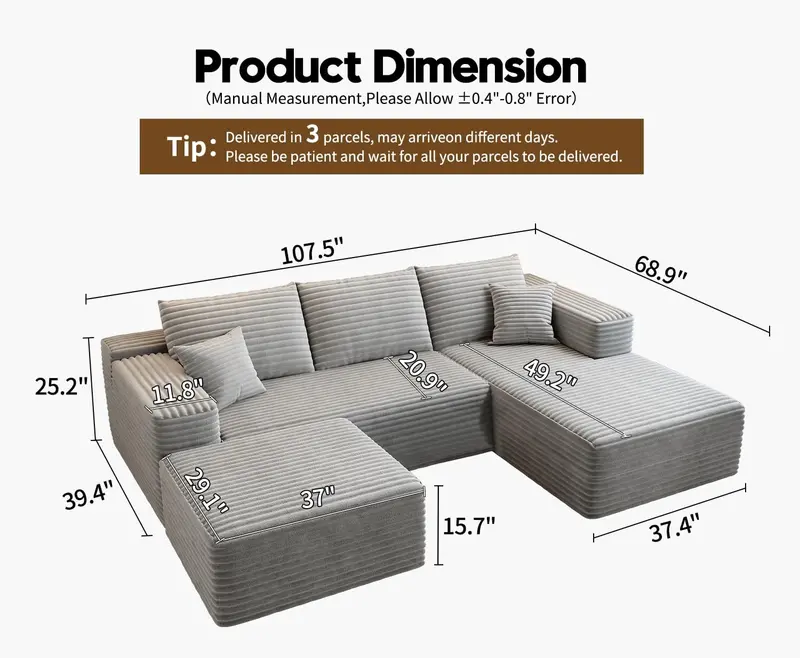 107.5-Inch Modular L-Shaped Cloud Sectional Sofa – Modern Deep-Seating Corner Lounge