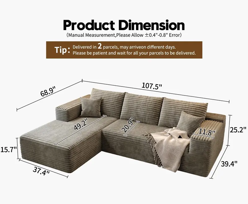 107.5-Inch Modular L-Shaped Cloud Sectional Sofa – Modern Deep-Seating Corner Lounge