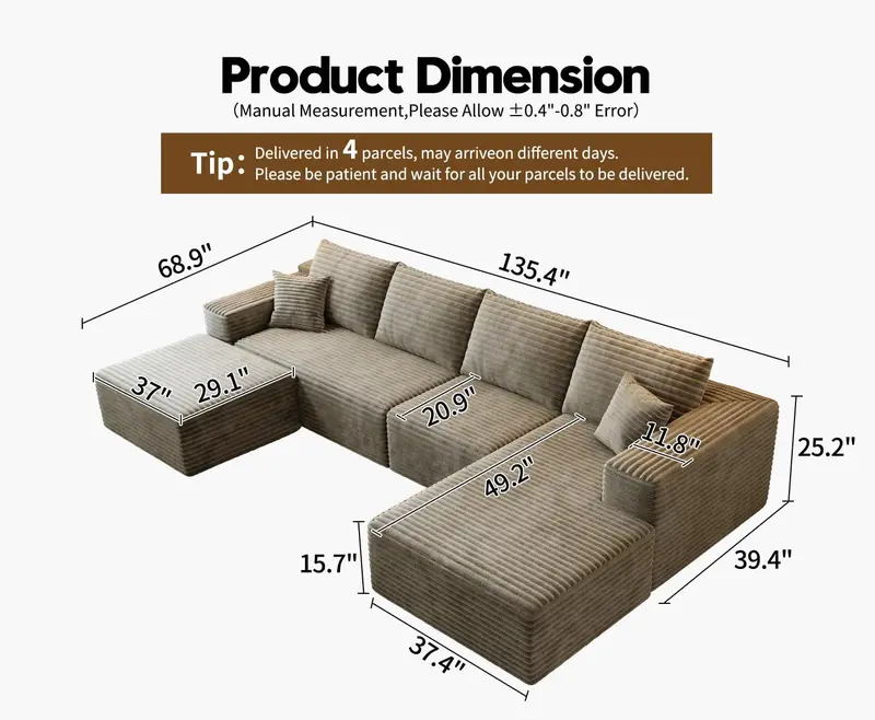 107.5-Inch Modular L-Shaped Cloud Sectional Sofa – Modern Deep-Seating Corner Lounge