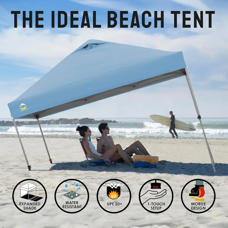 10x10 One-Touch Pop-Up Awning – Silver-Coated Sunshade with Adjustable Height & Sand Anchors