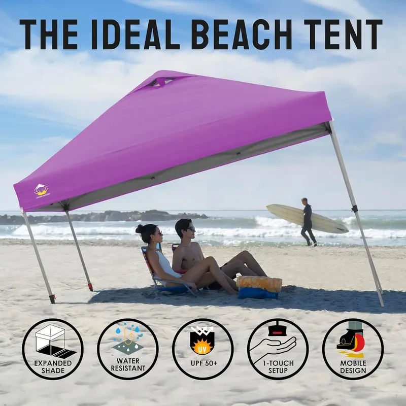 10x10 One-Touch Pop-Up Awning – Silver-Coated Sunshade with Adjustable Height & Sand Anchors