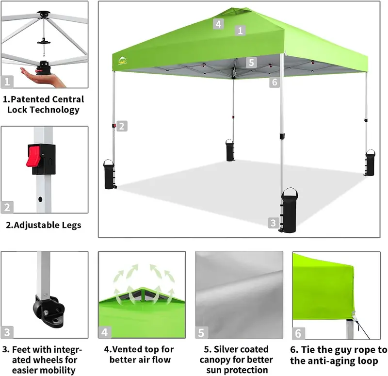 10x10 One-Touch Pop-Up Awning – Silver-Coated Sunshade with Adjustable Height & Sand Anchors