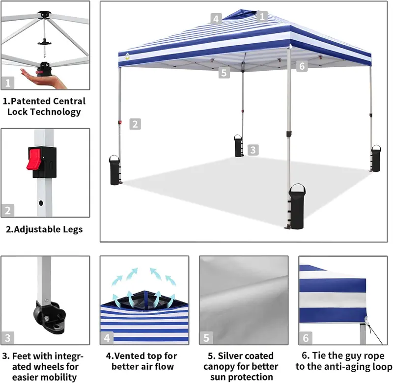 10x10 One-Touch Pop-Up Awning – Silver-Coated Sunshade with Adjustable Height & Sand Anchors
