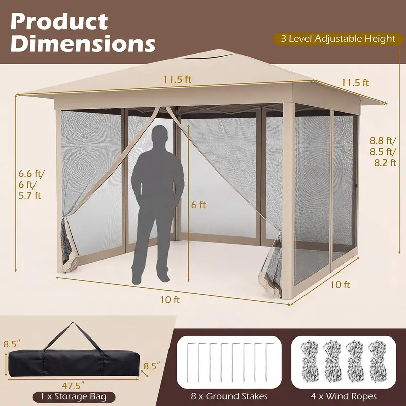 11.5' x 11.5' Pop-Up Gazebo Canopy Tent with Mesh Netting and One-Person Setup